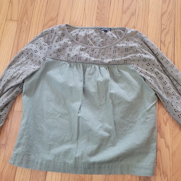 J.Crew Mercantile Eyelet-Detail Blouse L Sage Green Linen Long Sleeve Boho Top - Picture 2 of 6